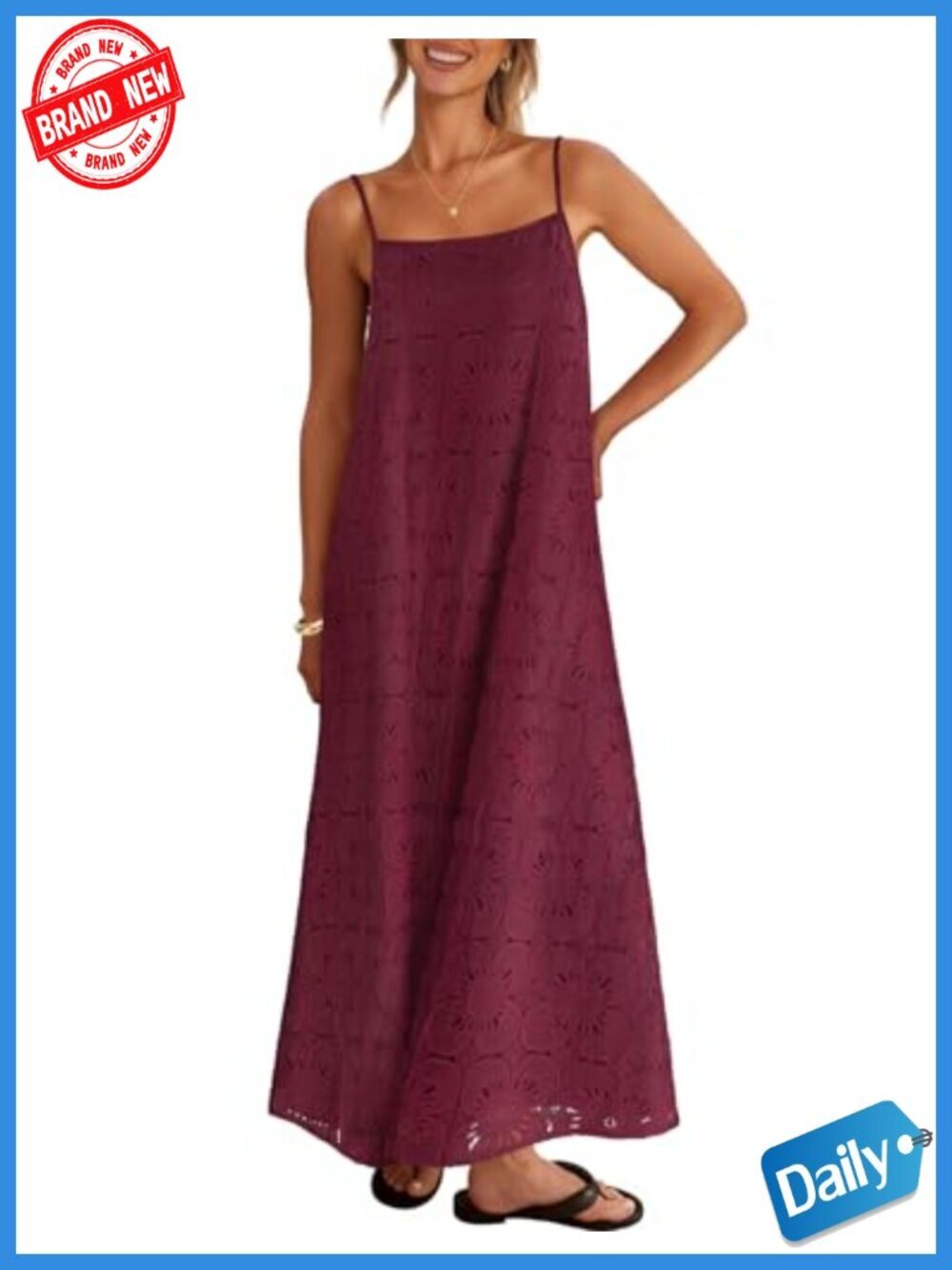 Women's Spaghetti Straps Sleeveless Floral Lace Eyelet Boho Beach Maxi Dress
